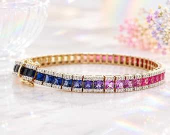 Multi Color Sapphire Tennis Bracelet , 10K Solid Gold Lab-Grown VVS Diamonds, Luxury Rainbow Gemstone Jewelry for Women and Her