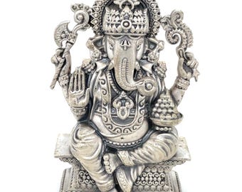 Silver Ganesh Idol | Antique Finish Handcrafted Hindu Murti | Pure Silver Puja Statue | Housewarming Spiritual Gift