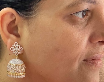 10K Gold Diamond Jhumka Earrings | Bridal Indian Jhumkas | Lightweight Wedding Earrings | Handmade Ethnic Jewelry Gift for Her