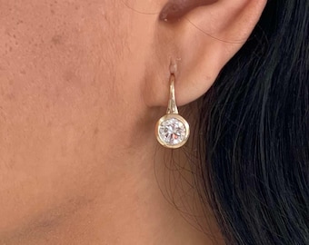 Lab Grown Diamond Drop Earrings 14K Gold | 3.00 Carat Bezel Set Dangle Earrings | Ethical Luxury Gift for Women