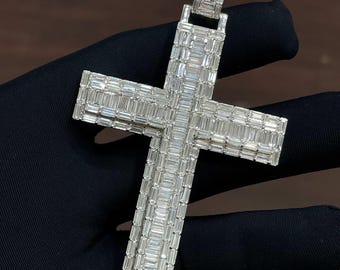 Lab Grown Diamond Cross Pendant, 925 Sterling Silver Iced Out Men's Necklace, Hip Hop Rapper Jewelry, 1st Anniversary Gift for Him