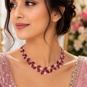 Lab Created Ruby & Fancy Cut Diamond Necklace | 10K Solid Gold Gemstone Necklace | Handmade Wedding Jewelry | Anniversary Gift for Her