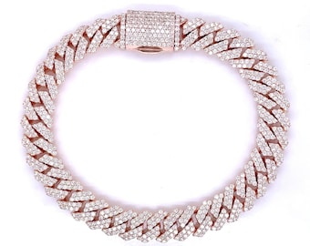 Men&#39;s Iced Out Cuban Bracelet | 10K Rose Gold | Natural or Lab Diamonds | Handmade Luxury | Bling Accessory | Gift for Him | Free Shipping