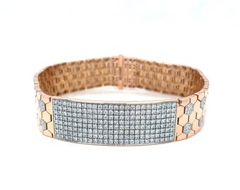 Radiant Honeycomb Diamond Bracelet 10K Rose & White Gold | Mens Luxury Handmade Gold Bracelet | Custom Size Jewelry Gift