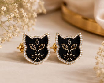 9CT Cat Shape Diamond Stud Earrings, 14K Solid Gold Cat Lover Jewelry, Certified Natural Black & White Diamond Earrings, Luxury Gift for Her
