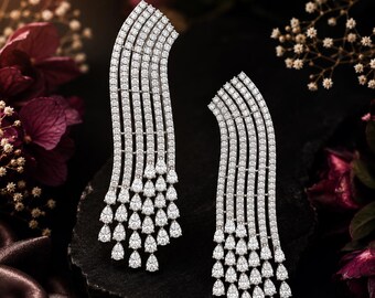 Pear & Round Cut Lab Grown Diamond Earrings, 10K Solid Gold Long Dangle Bridal Jewelry, Wedding Earrings, Statement Gift for Her
