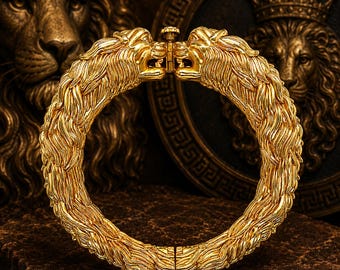 925 Sterling Silver Lion Head Bracelet for Men | 22K Gold Plated Bangle | Maharaja Statement Cuff | Indian Wedding Jewelry | Gift for Him