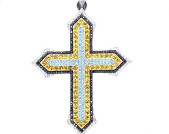 Lab Grown Diamond Cross Pendant 925 Silver | VVS Canary Yellow Black White Diamonds | Iced Out Hip Hop Cross | Heavy Rapper Gift for Him