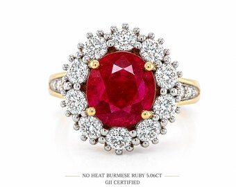 Gii Certified 5.06 CT Pigeon's Blood Color Burmese Ruby Ring, , 14K Solid Gold Art Deco Engagement Ring, Vintage Proposal Jewelry
