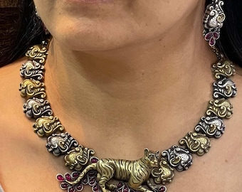 Handmade 925 Silver Tiger Motif Necklace | 19th Century Art Deco Indian Royal Jewelry | Vintage Bridal Statement Gift for Her