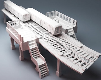 Terreno en miniatura de estación de tren elevada para juegos de guerra modernos, pulp o postapocalípticos, impreso en 3D a escala de 28 mm por Corvus Games.