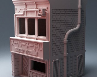 Miniaturas de construcción para el restaurante Super Noodle, terreno para juegos de guerra modernos, pulp o postapocalípticos, impresas en 3D a escala de 28 mm por Corvus Games.