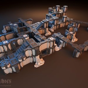May include: A modular, futuristic terrain set for tabletop gaming. The set features interconnected platforms, walkways, and structures in shades of gray, white, and blue. The design includes stairs, grates, and cylindrical towers, creating a detailed and immersive environment.