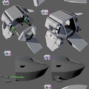 Puede incluir: Diagrama de montaje detallado de una lanzadera de aterrizaje de 28 mm, que muestra varios componentes y su integraci&oacute;n. La imagen presenta m&uacute;ltiples vistas de las piezas de la lanzadera, con flechas que indican los pasos de montaje. La lanzadera es principalmente gris.