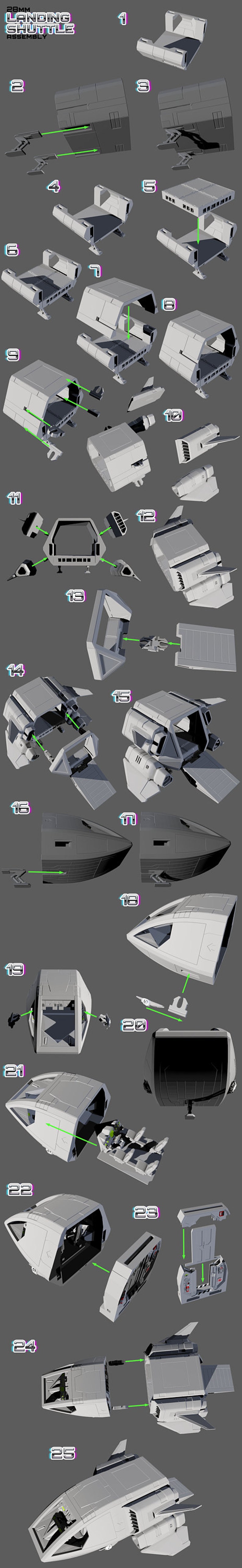 Puede incluir: Diagrama de montaje detallado de una lanzadera de aterrizaje de 28 mm, que muestra varios componentes y su integraci&oacute;n. La imagen presenta m&uacute;ltiples vistas de las piezas de la lanzadera, con flechas que indican los pasos de montaje. La lanzadera es principalmente gris.