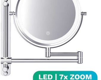 Miroir de maquillage avec éclairage LED - Grossissement 7X - Miroir mural rond - Modèle mural de miroir de rasage - Salle de bain - Douche - Chrome