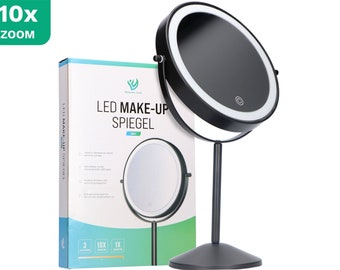 Personal Care Make Up Mirror with LED Lighting - 10x Magnification - Shaving Mirror - 3 Light Modes - Rechargeable - Black