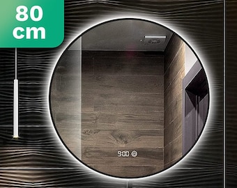 Miroir de salle de bain Mirlux avec éclairage et chauffage LED - Miroir mural rond - Miroir de douche anti condensation - Noir mat