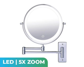 Miroir de maquillage - Eclairage LED et Grossissement 5x - Piles - Miroir de salle de bain - Miroir mural - Miroir grossissant