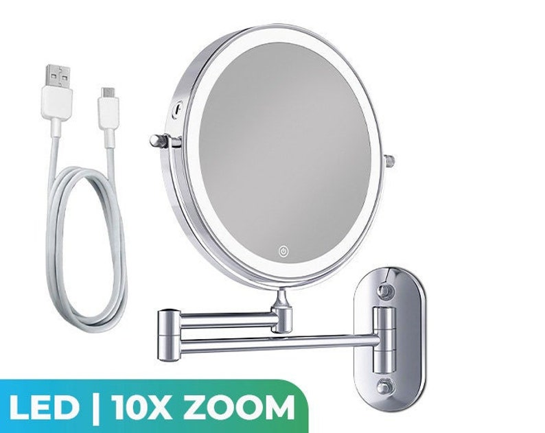 Miroir de maquillage éclairage LED et grossissement 10x Miroir Coméstique rechargeable miroir de salle de bains miroir mural image 1