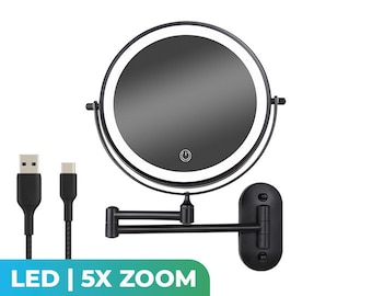 Make Up Mirror with LED Lighting - 5X Magnification - Wall Mirror Round - Shaving Mirror Wall Model - Bathroom - Shower - Black