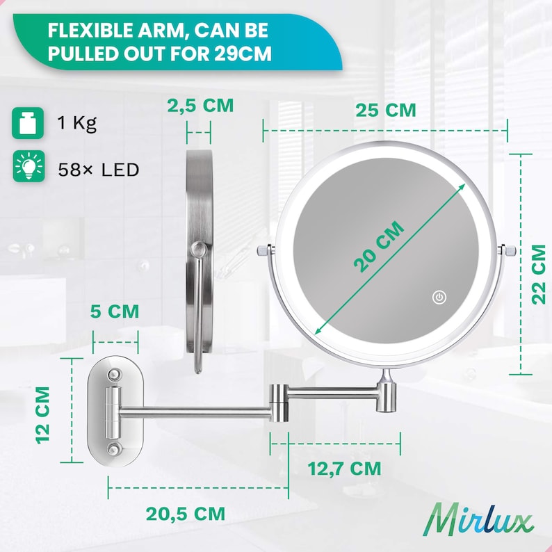 Miroir de maquillage éclairage LED et grossissement 10x Miroir Coméstique rechargeable miroir de salle de bains miroir mural image 3