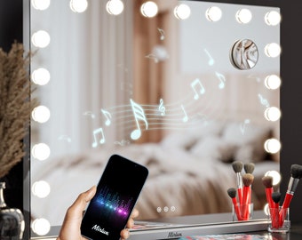 Mirlux Hollywood Miroir de Maquillage Éclairage LED - Haut-parleurs Bluetooth - Zoom 10x - Suspendu - Blanc - 80x60cm
