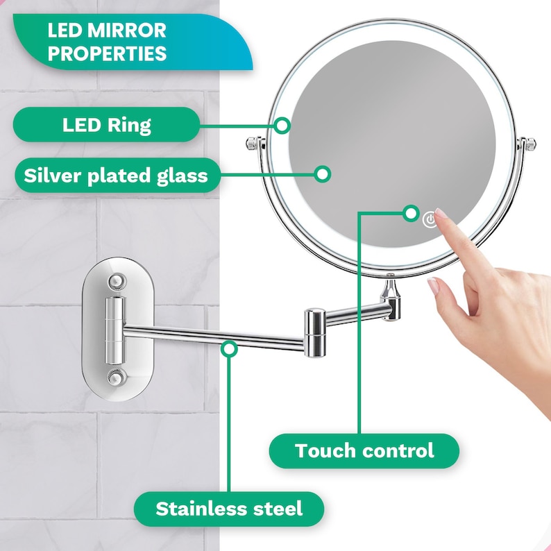 Make Up Mirror LED Lighting and 10x Magnification Rechargeable Bathroom mirror Wall mirror Shaving mirror afbeelding 4