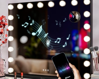 Miroir de maquillage Mirlux Hollywood Éclairage LED - Enceintes Bluetooth - Zoom 10x - Suspendu - Noir - 80x60cm