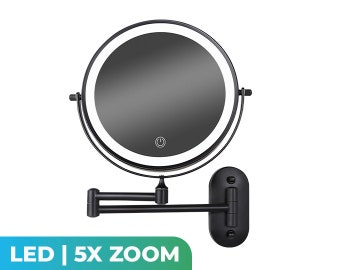 Miroir de maquillage avec éclairage LED - Grossissement 5X - Miroir mural rond - Modèle mural miroir de rasage - Salle de bain - Douche - Noir