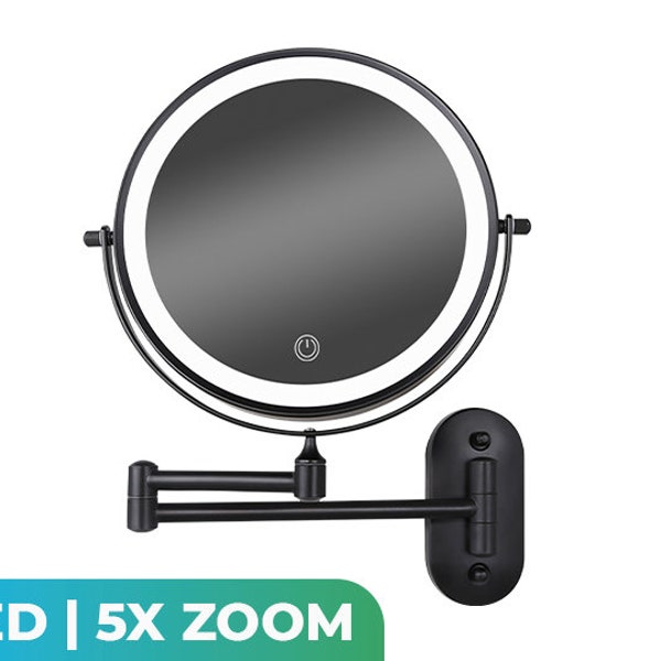Espejo de Maquillaje con Iluminación LED - Aumento 5X - Espejo de Pared Redondo - Espejo de Afeitar Modelo de Pared - Baño - Ducha - Negro