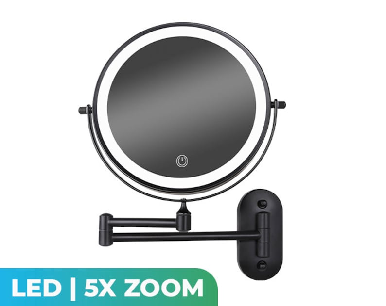 Miroir de maquillage avec éclairage LED Grossissement 5X Miroir mural rond Modèle mural miroir de rasage Salle de bain Douche Noir image 1