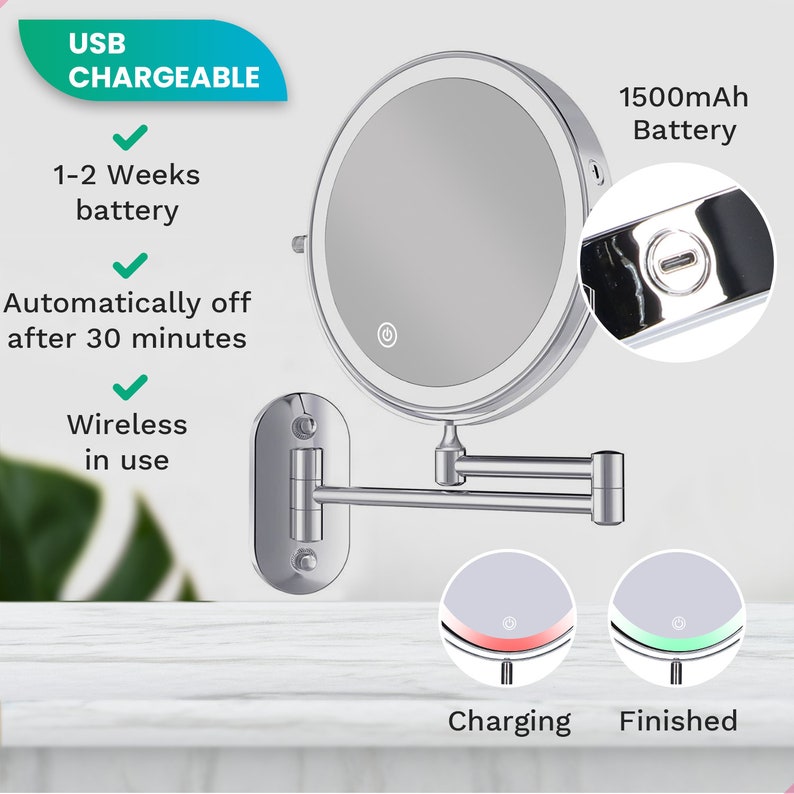 Make Up Mirror LED Lighting and 10x Magnification Rechargeable Bathroom mirror Wall mirror Shaving mirror afbeelding 5