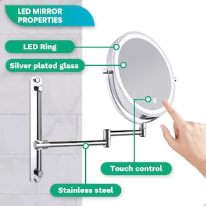 Make Up Mirror with LED Lighting 7X Magnification Wall Mirror Round Shaving Mirror Wall Model Bathroom Shower Chrome image 3