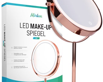 Mirlux Schminkspiegel mit LED-Beleuchtung – 10-fache Vergrößerung – Rasierspiegel – 3 Lichtmodi – wiederaufladbar – Roségold