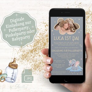 Digitale Einladung Pullerparty personalisiert | WhatsApp Einladung Pinkelparty mit Baby Elefant Motiv | Einladung Babyparty Karte digital