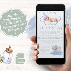Einladung zur Babyparty - digitale Einladungskarte zum einfachen Versenden per Whatsapp oder E-Mail | Digitale Einladung Pullerparty