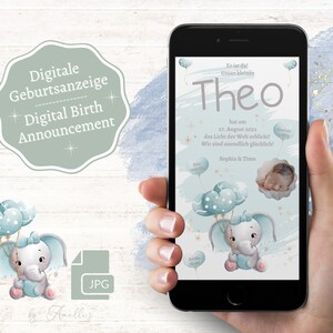 Anuncio de nacimiento digital Whatsapp | Anuncio de nacimiento de elefante digitalmente | Tarjeta electrónica personalizada de nacimiento | Anuncio de nacimiento de bebé 2025, niño