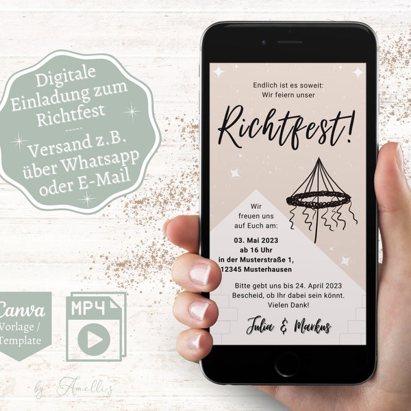 Digitale Richtfest Einladung | Ecard Richtfest personalisiert MP4 | Canva Vorlage Richtfest | Individuelle Whatsapp Einladungskarte Hausbau