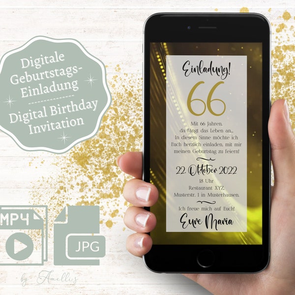 Digitale Einladung 40. 50. 60. 66. Geburtstag - personalisiert und als Video animiert | Whatsapp Einladung Geburtstag | E-Card Geburtstag