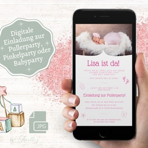 Einladung zur Pullerparty, Babyparty für Mädchen, rosa | personalisiert, digitale E-Card zum Versand per Whatsapp oder E-Mail | Pinkelparty