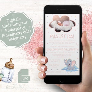 Einladung zur Babyparty - digitale Einladungskarte zum Versand per Whatsapp, E-Mail | Digitale Einladung Pullerparty Mädchen | Baby Elefant