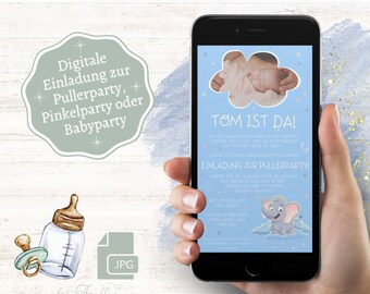 Whatsapp invitation baby shower boy | Digital invitation to the pee party, pee party | Invitation card motif baby elephant blue | ecard Baby