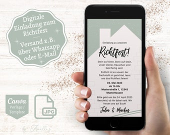 Digital topping-out ceremony invitation | Personalized topping-out ceremony e-card | Canva topping-out ceremony template | Individual WhatsApp invitation card for house building