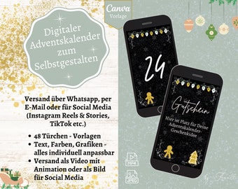 Calendario dell'Avvento digitale personalizzato per Whatsapp, email, Instagram | Modello canva Calendario dell'avvento nero, calendario natalizio digitale