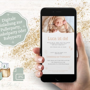 Einladung zur Pullerparty / Babyparty - personalisiert - als digitale E-Card zum einfachen Versenden per Whatsapp oder E-Mail, Familienfeier