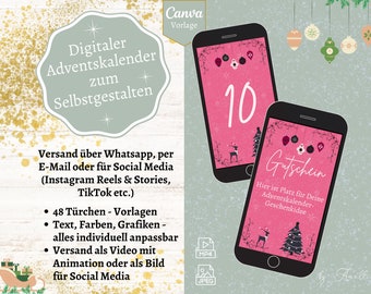 Calendario dell'Avvento digitale per Whatsapp, email o Instagram Stories | Modello canva Calendario dell'Avvento rosa | Calendario di natale digitale mp4