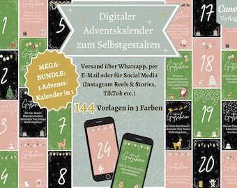 May include: A digital advent calendar design with a festive theme. The image features a grid of numbered cards, a phone displaying a calendar, and text that reads "Digital Advent Calendar for Self-Design". The design includes a "Mega-Bundle" offer.