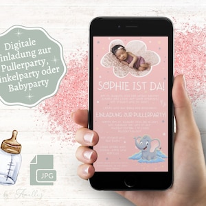 Einladung zur Babyparty Mädchen - digitale WhatsApp Einladungskarte | Digitale Einladung Pullerparty, Pinkelparty | Motiv Baby Elefant rosa