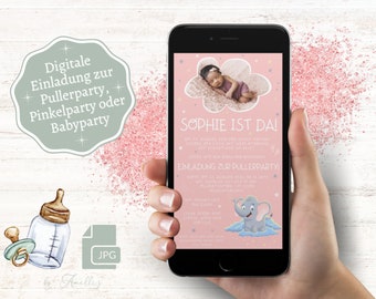 Invitation to baby shower girl - digital WhatsApp invitation card | Digital invitation pee party, pee party | Motif baby elephant pink